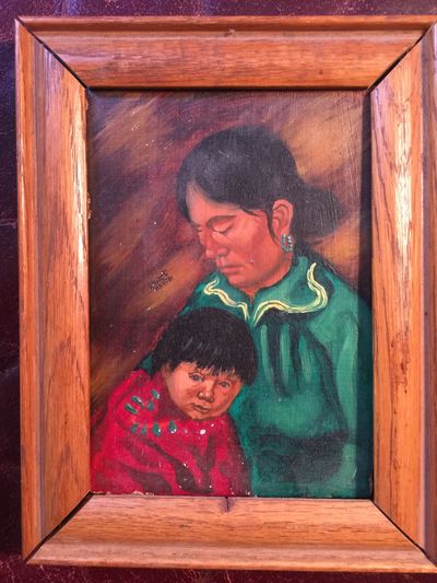 Image for Original Mohawk Artist Albert White Oil Painting 5 x 7 Navajo Mother and Child Signed