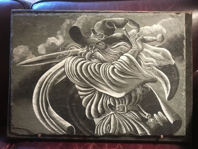 Image for Gandalf The White Wielding Glamdring Hand Painted Slate 18"x 24" From Catskill Mountains Mounted on Wood 1990